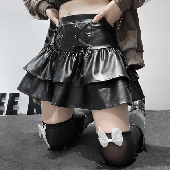 Dark Criss Cross Lace up Slimming Leather Skirt