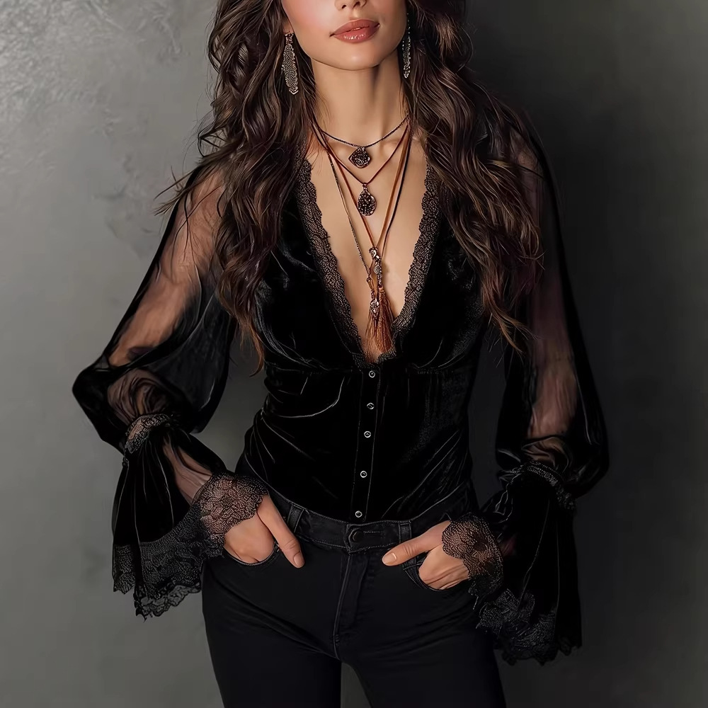 Mesh Lace V neck Top - Image 1